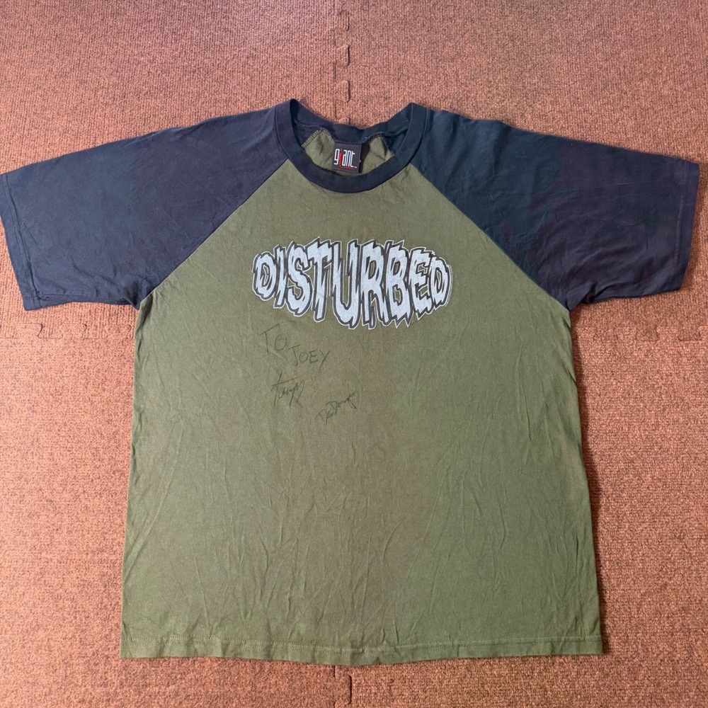 Vintage Disturbed Band Shirt Giant Tag Signed Raglan Baseball Tee Mens XL Green